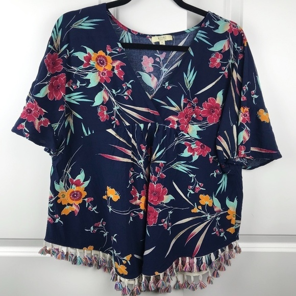 Kori America Navy Floral Pom Pom Boho Top- small - Picture 7 of 13